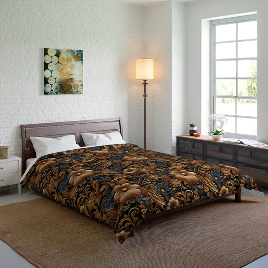 Comforter - Tooled Leather Gold Flowers with Blue Leaves Accent Print Design  - Comforter 4 Sizes