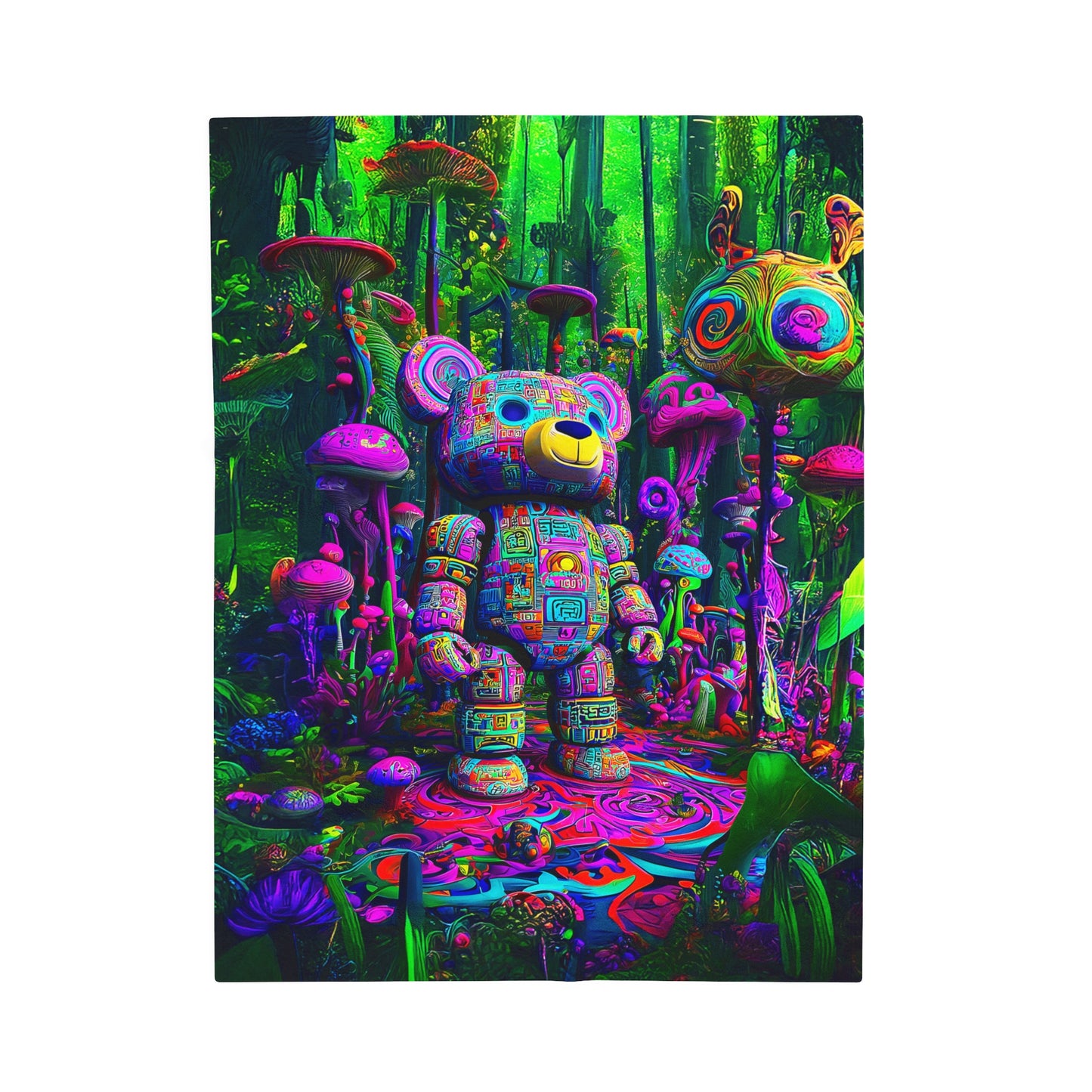 Neon Bear Guardian Adventure in a Mystical Mushroom Forest Velveteen Plush Blanket 3 Sizes