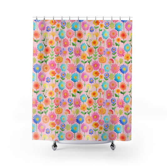 Lively Watercolor Blooms: Vibrant Tiny Flowers Bursting with Color Design Bathroom Shower Curtain   71" × 74"