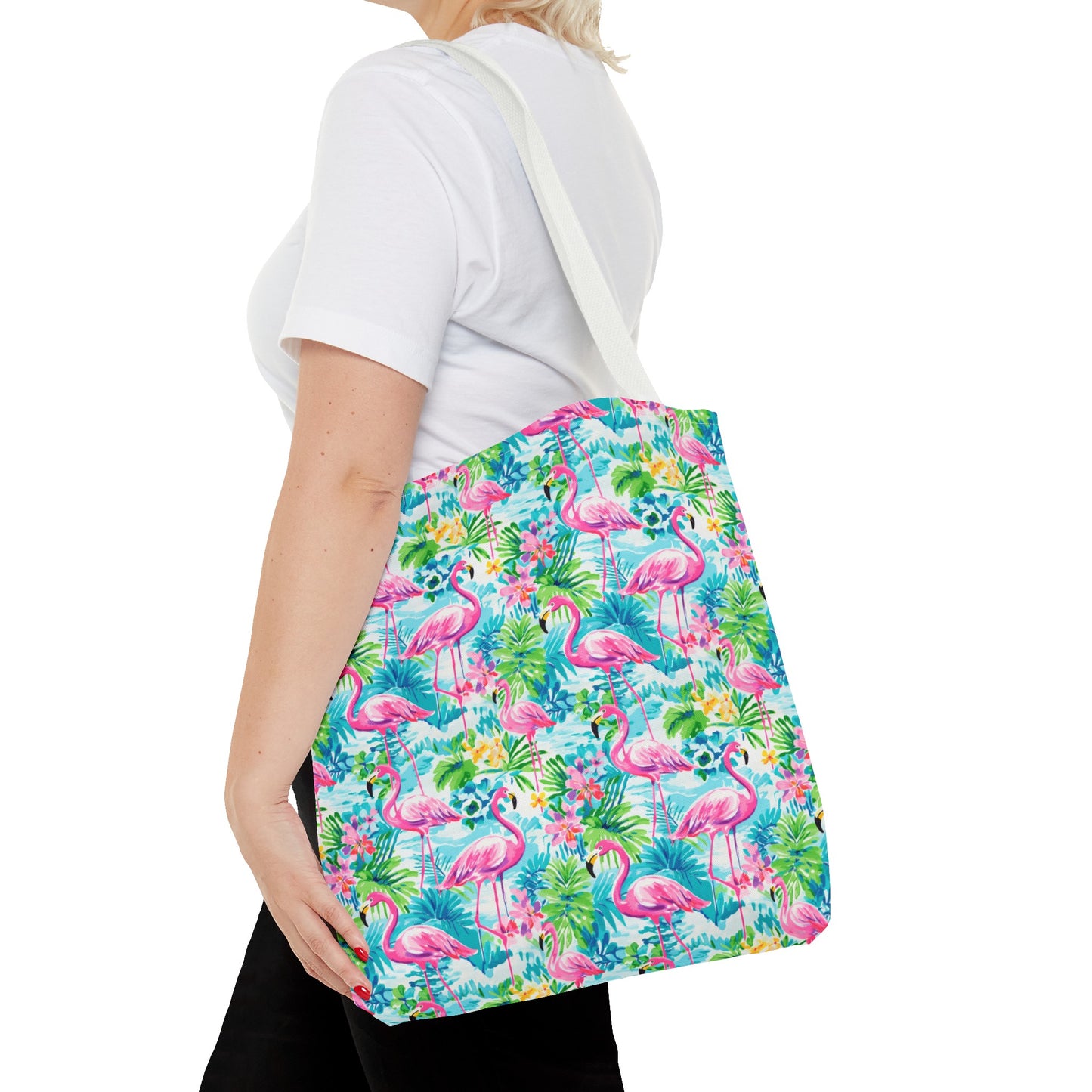 Tropical Flamingo Haven: Surrounded by Flowers and Palm Trees Canvas Tote Bag 3 Sizes