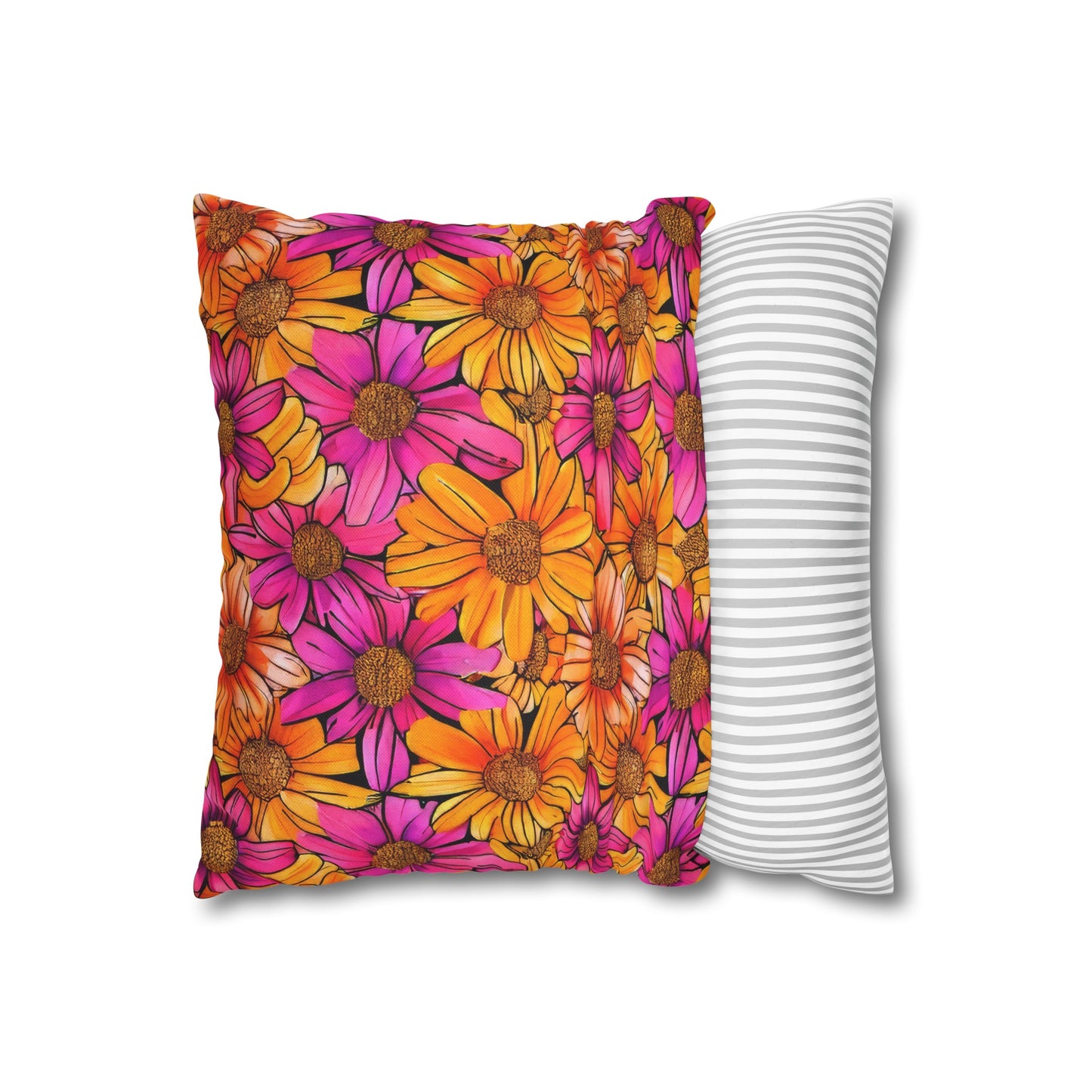 Vibrant Daisy Delight with Bold Orange and Pink Spun Polyester Square Pillowcase 4 Sizes