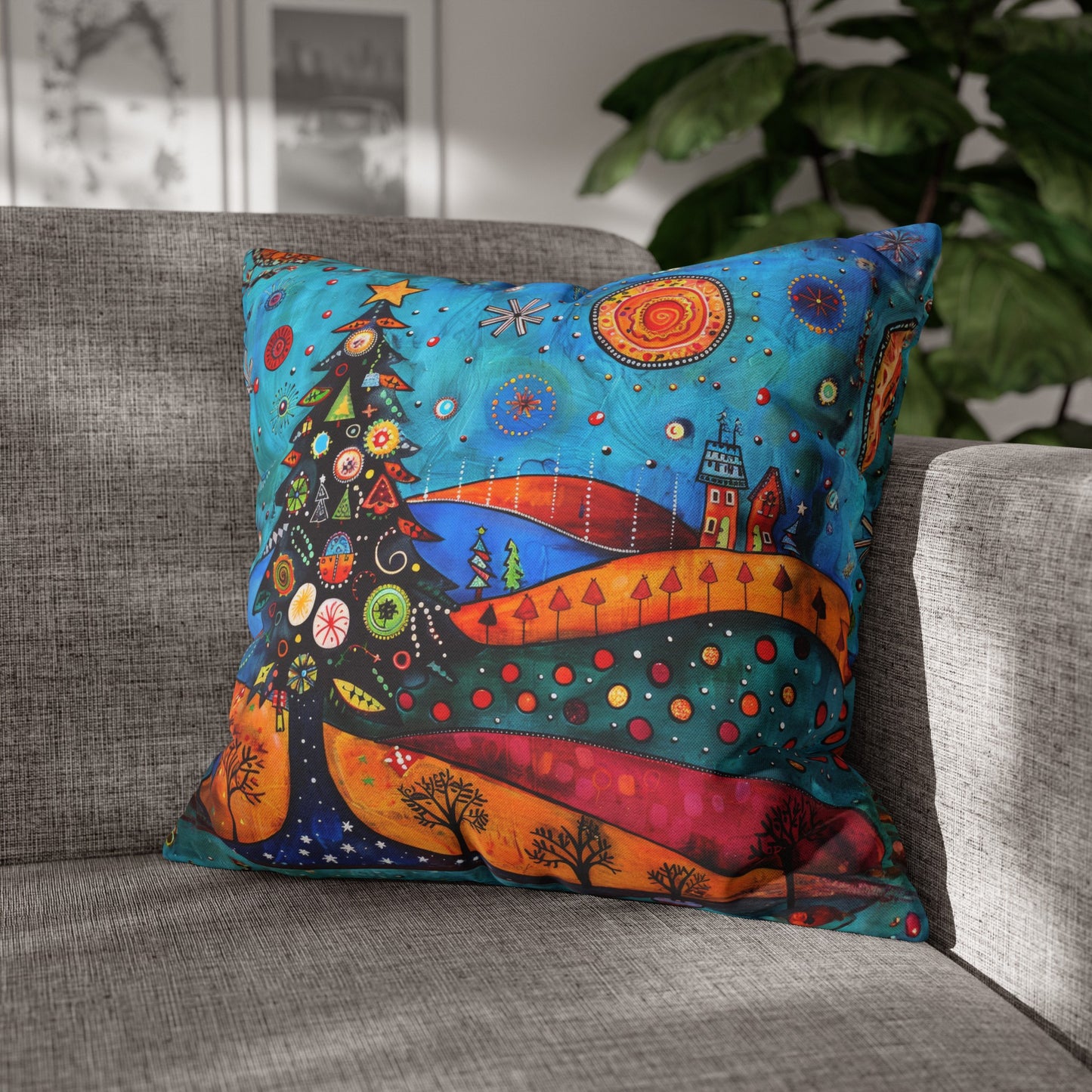 Folk Art Christmas Tree Nestled Amidst Rolling Hills Spun Polyester Square Pillowcase 4 Sizes