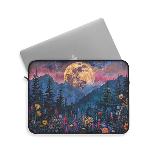 Majestic Moonlit Mountains With Vibrant Wildflower Meadow Laptop or Ipad Protective Sleeve 3 Sizes Available