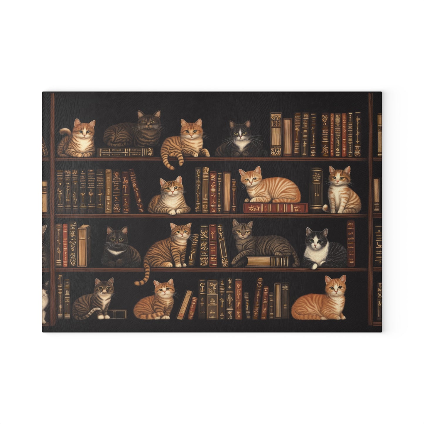 Cozy Bookshelf Cats Glass Cutting Board - 2 Sizes