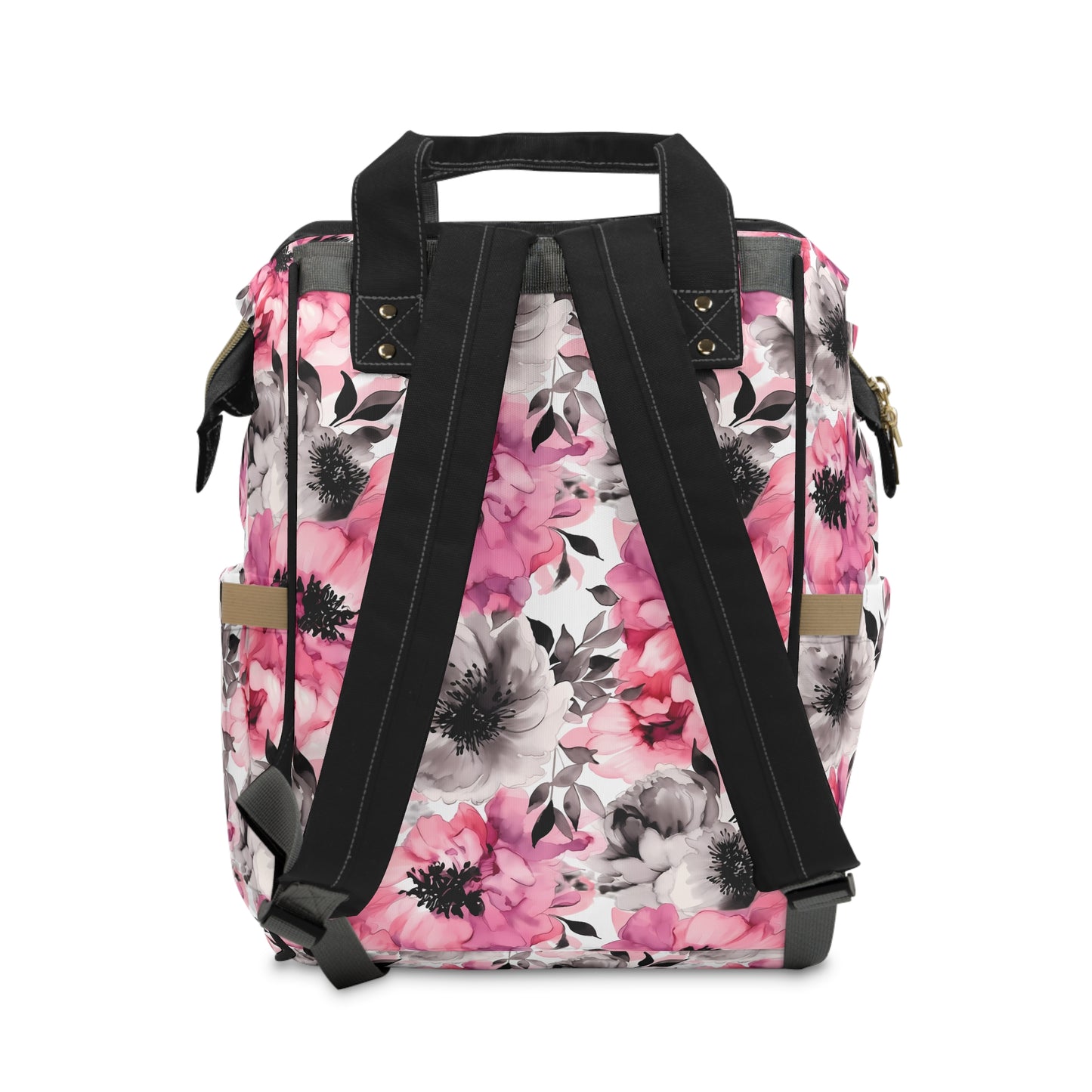 Graceful Elegance: Large Pink and Grey Watercolor Flower Design Multifunctional Diaper Backpack