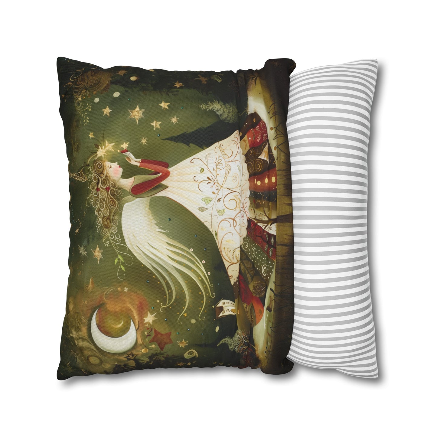 Christmas Angel in Tapestry Dress Amidst a Starlit Forest Spun Polyester Square Pillowcase 4 Sizes