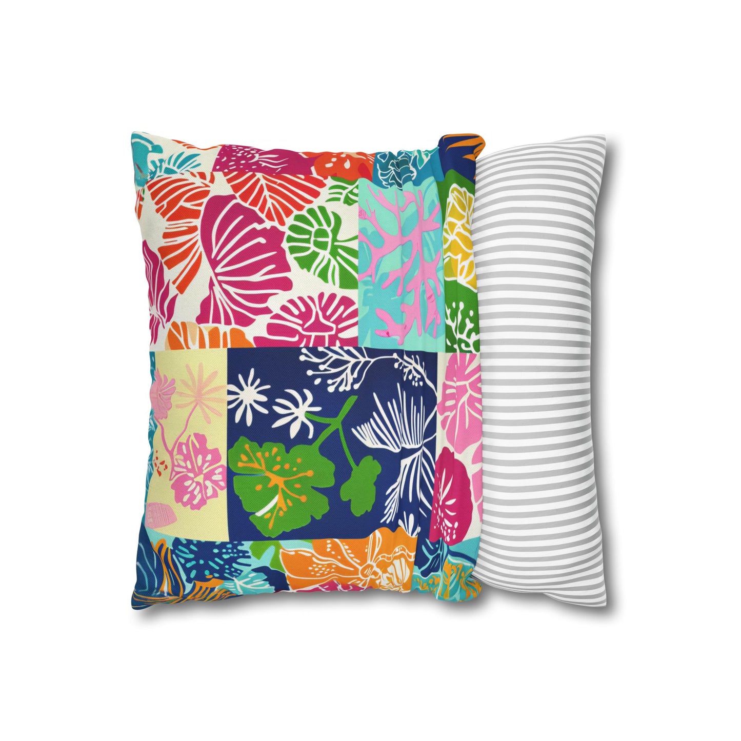 Vibrant Mosaic of Tropical Unique Shapes and Hues, from Vivid Oranges to Deep Blue Leaves and Flowers Spun Polyester Square Pillowcase 4 Sizes