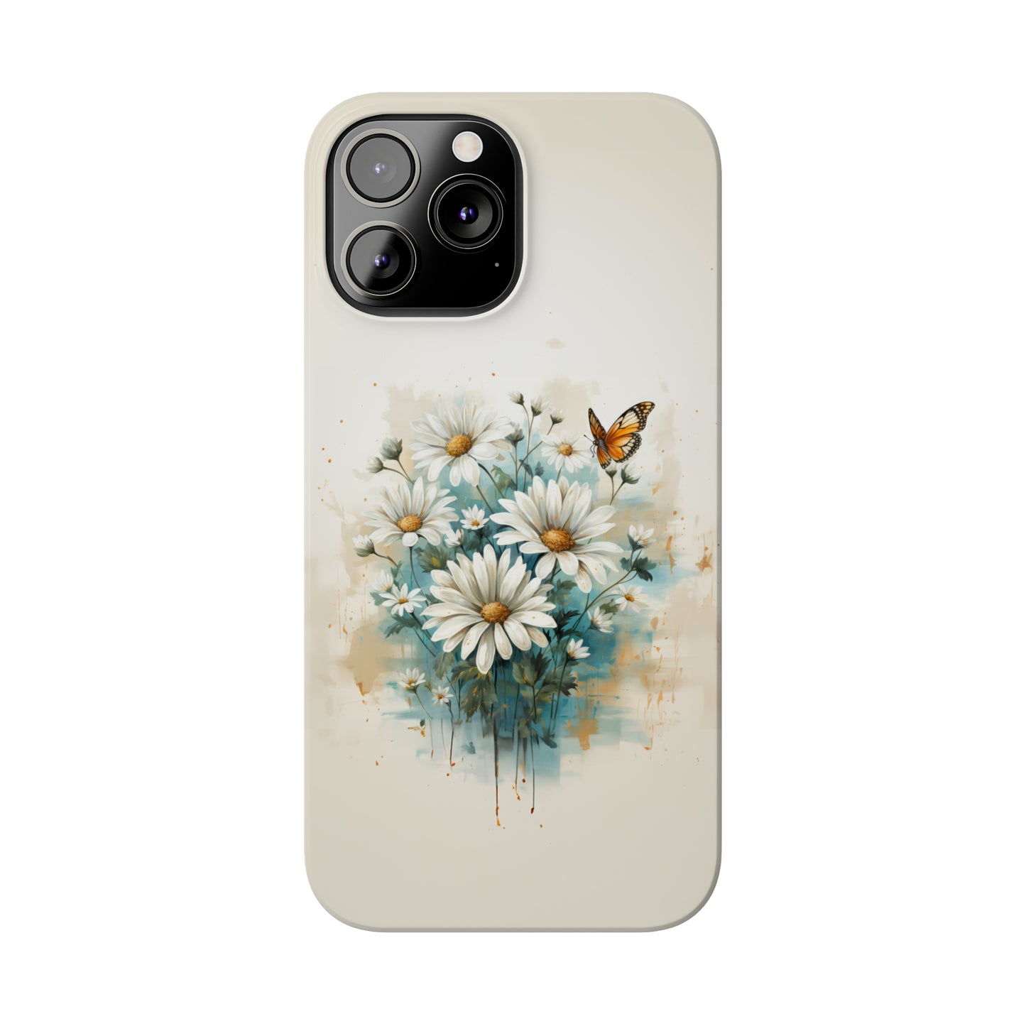 Rustic Farmhouse Teal and White Wild Daisies and Butterflies Iphone 15-12 Slim Phone Case