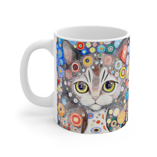 Sweet Grey Cat with Flowers in Style of Klimt  - 11 oz Coffee