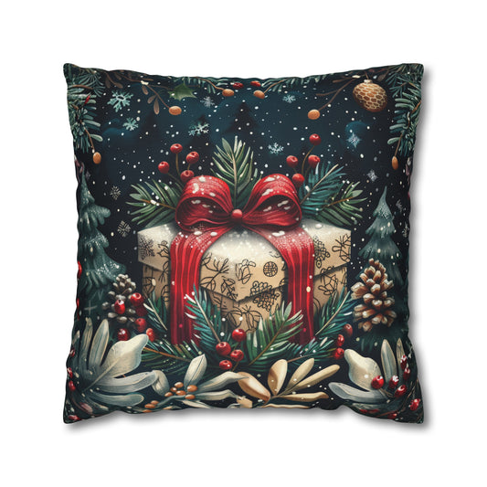 Christmas Present Nestled Amongst Pine Cones and Ornaments Spun Polyester Square Pillowcase 4 Sizes