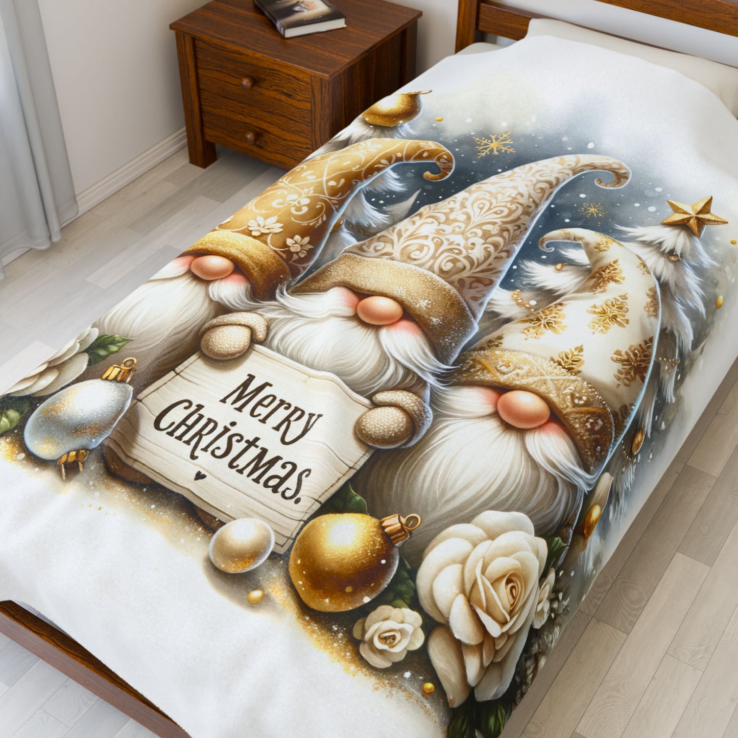 Gnomes Golden Merry Christmas Velveteen Plush Blanket 3 Sizes