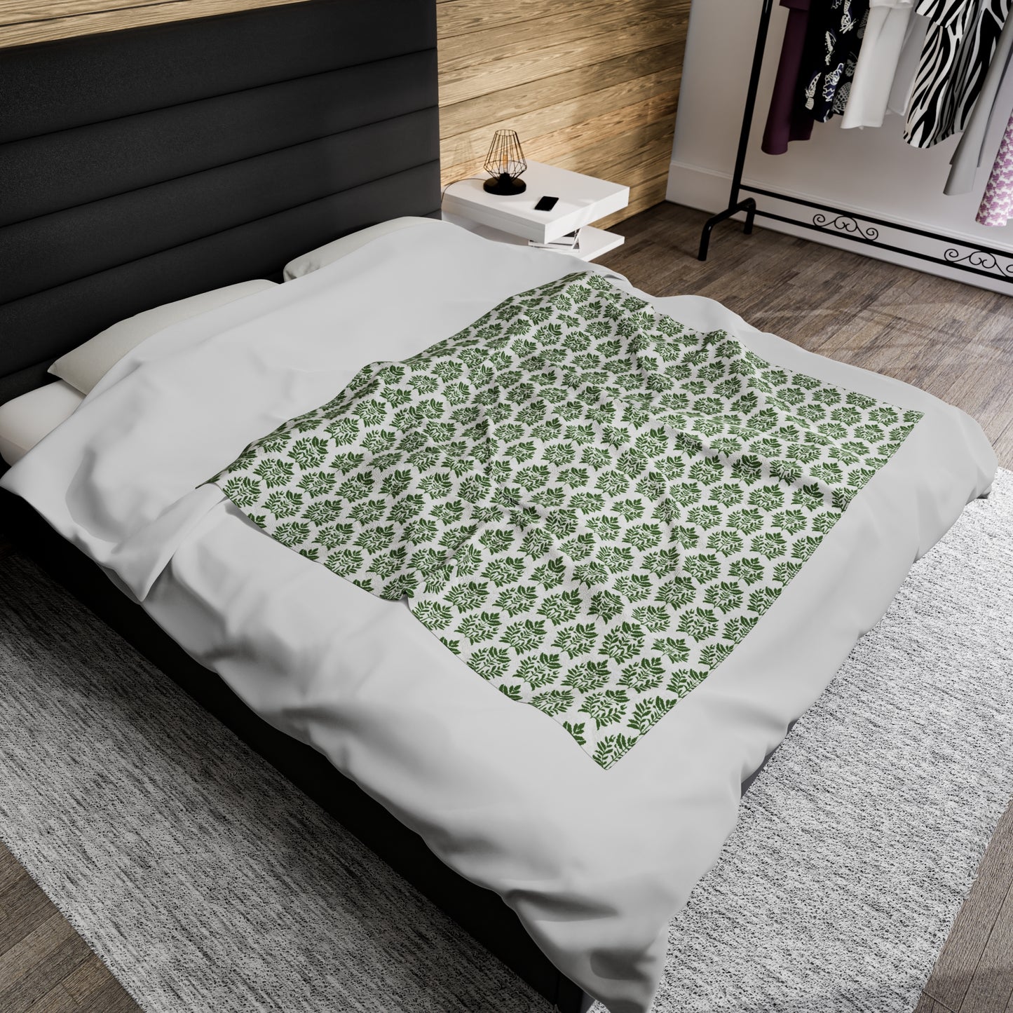 Verdant Harmony in Elegant Green Botanical Block Print Pattern Velveteen Plush Blanket 3 Sizes