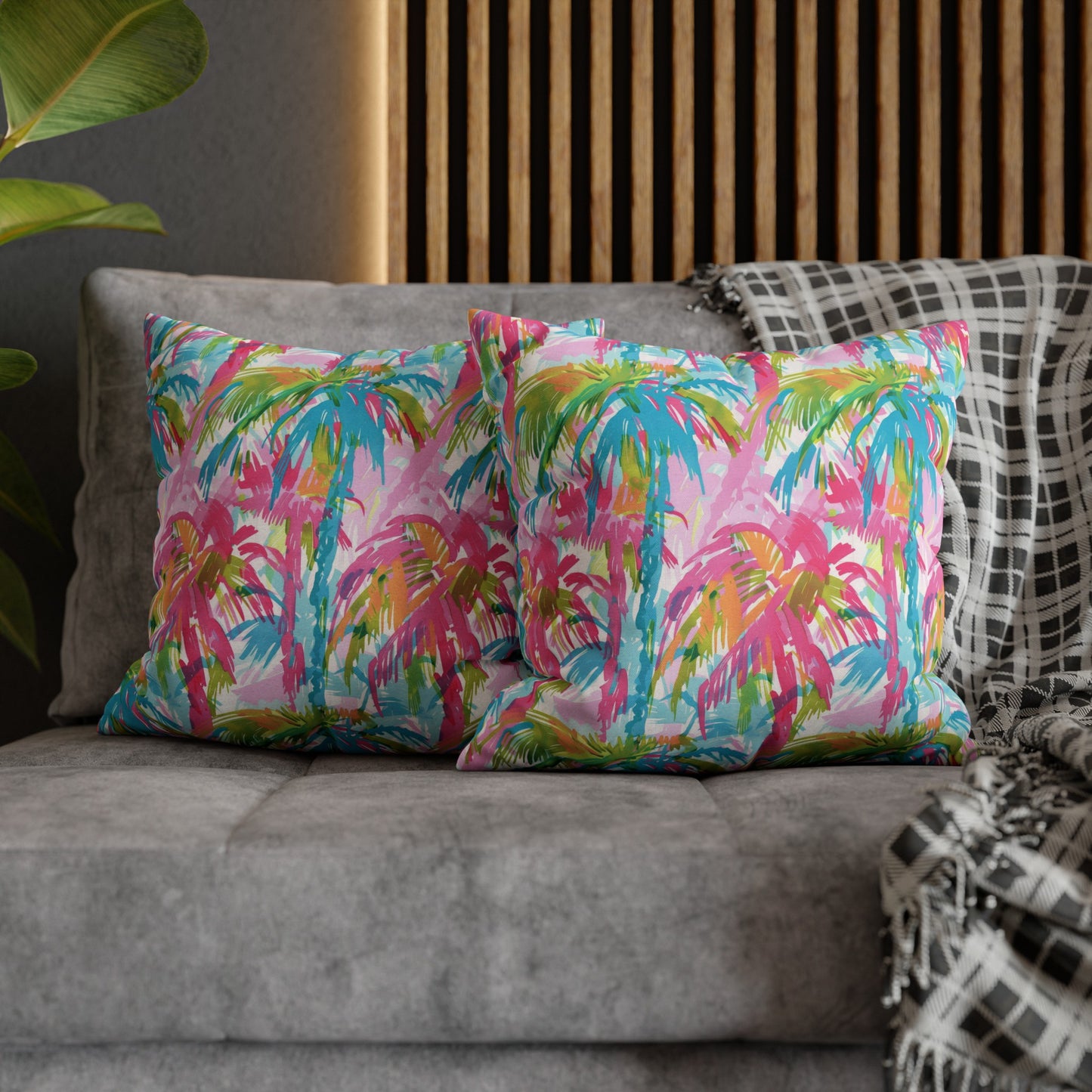 Pastel Paradise: Palm Trees in Soft Blues, Pinks, and Greens Spun Polyester Square Pillowcase 4 Sizes