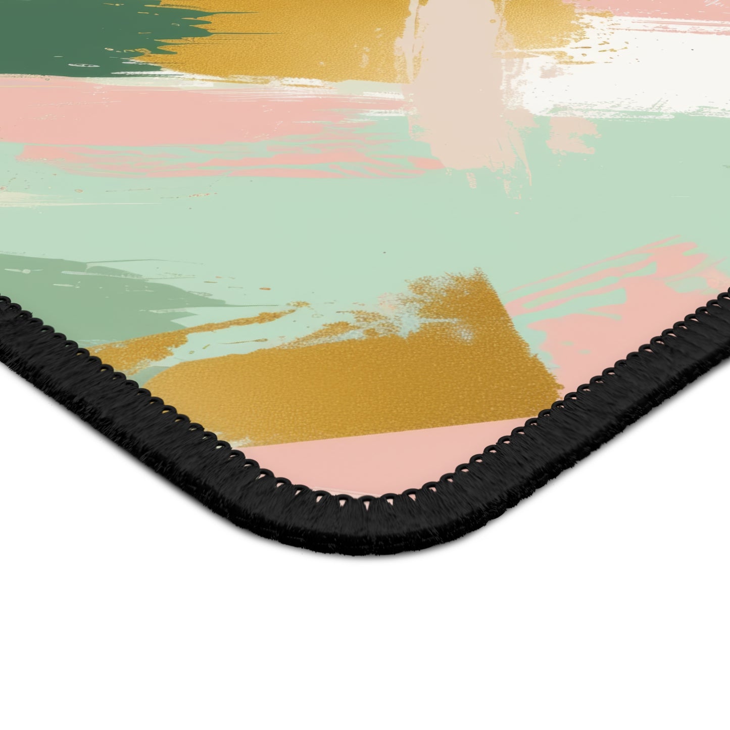 Spring Brushstrokes Abstract in Light Green, Pink, and Gold Mouse Pad with Finished Edges