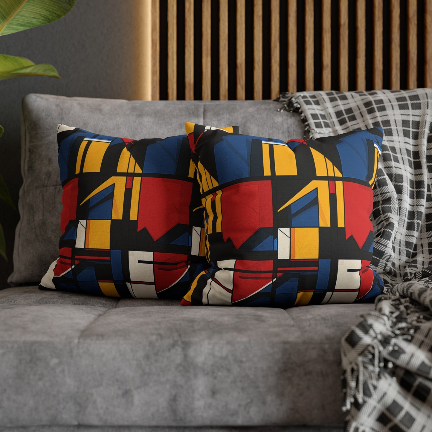 Mondrian-Inspired Bold Primary Colors and Black Lines Abstract Spun Polyester Square Pillowcase 4 Sizes