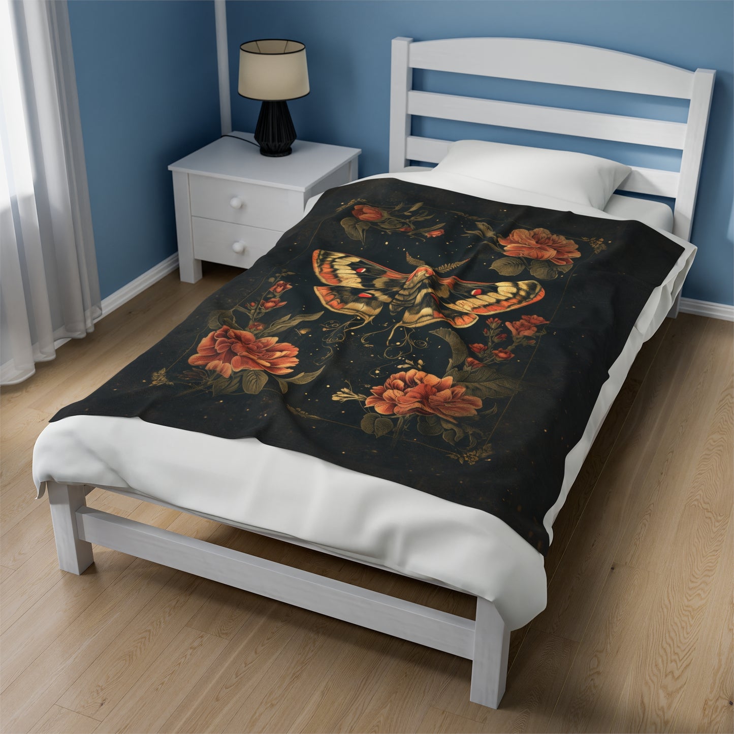 Mystic Midnight Moth with Lush Florals Velveteen Plush Blanket 3 Sizes