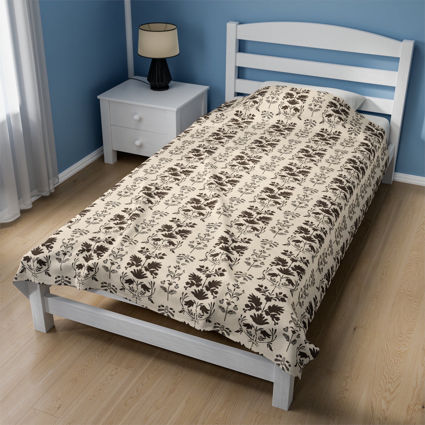 Early American Stencil-Inspired Beige and Brown Floral Pattern Velveteen Plush Blanket 3 Sizes