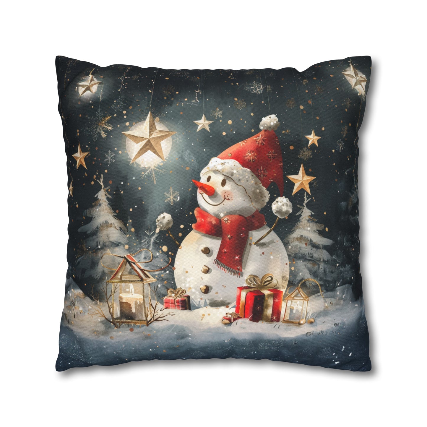 Moonlit Frost: Snowman Basking in Moonlight Surrounded by Presents Spun Polyester Square Pillowcase 4 Sizes