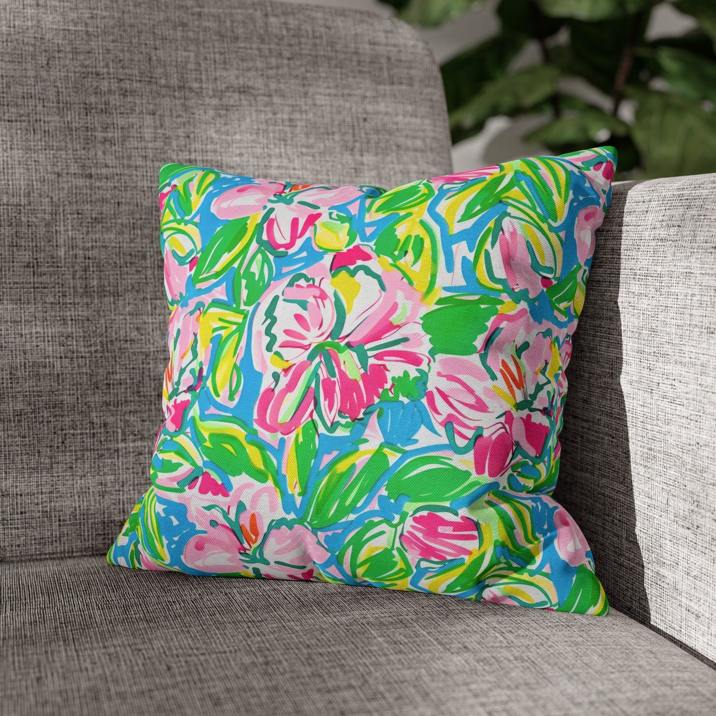 Whispering Meadows: Pink Blossoms, Lush Green Leaves, and Accents of Yellow and Blue Spun Polyester Square Pillowcase 4 Sizes