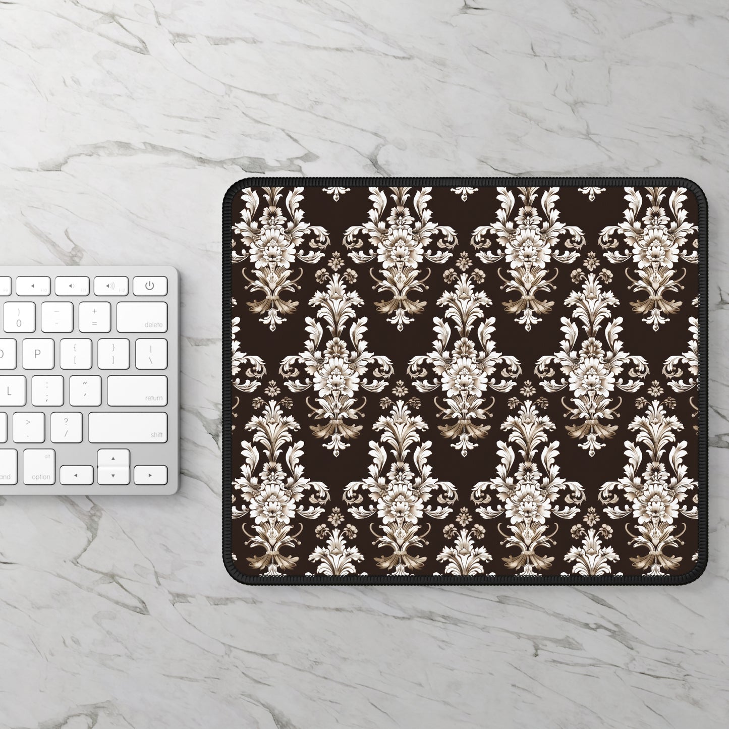 Elegant Rococo Pattern of Intricate Brown and White Floral Scroll Design Gaming Mouse Pad with Finished Edges