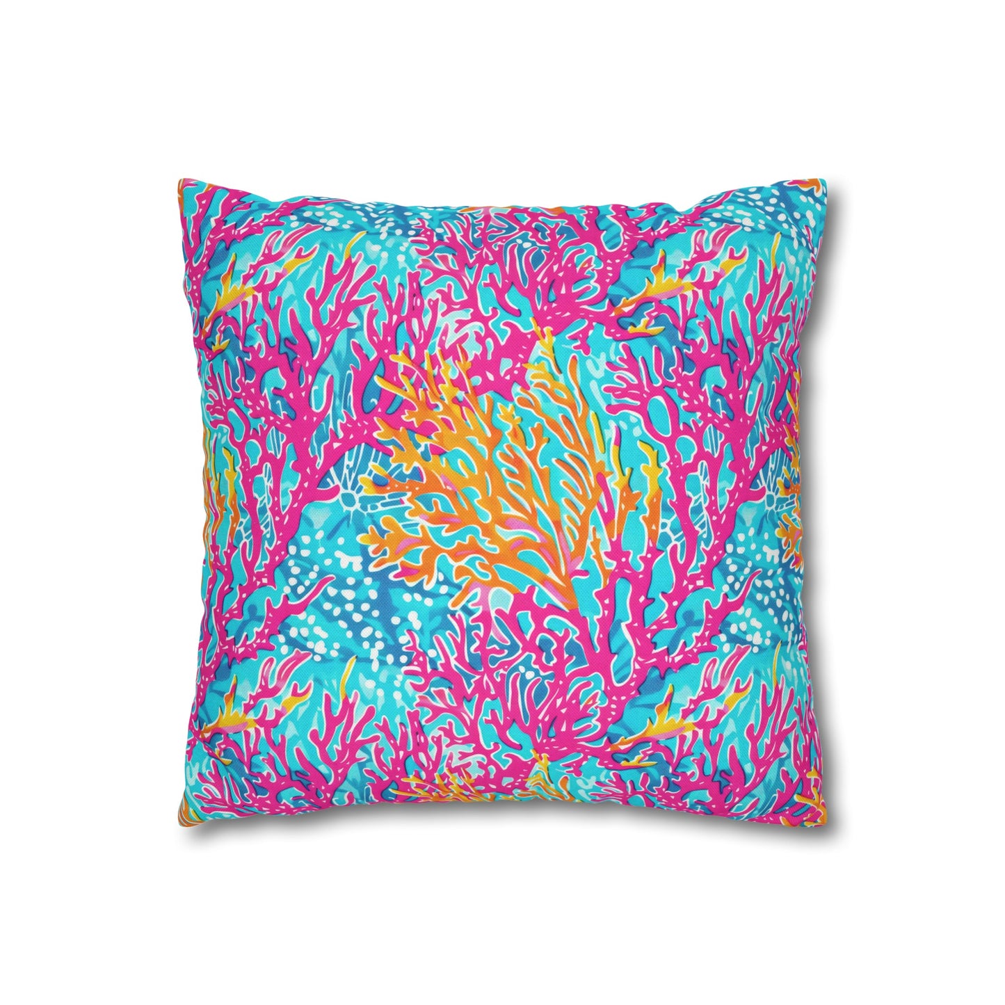 Coral Symphony: Bright Pink, Yellow, and Coral Dancing in the Blue Ocean Spun Polyester Square Pillowcase 4 Sizes