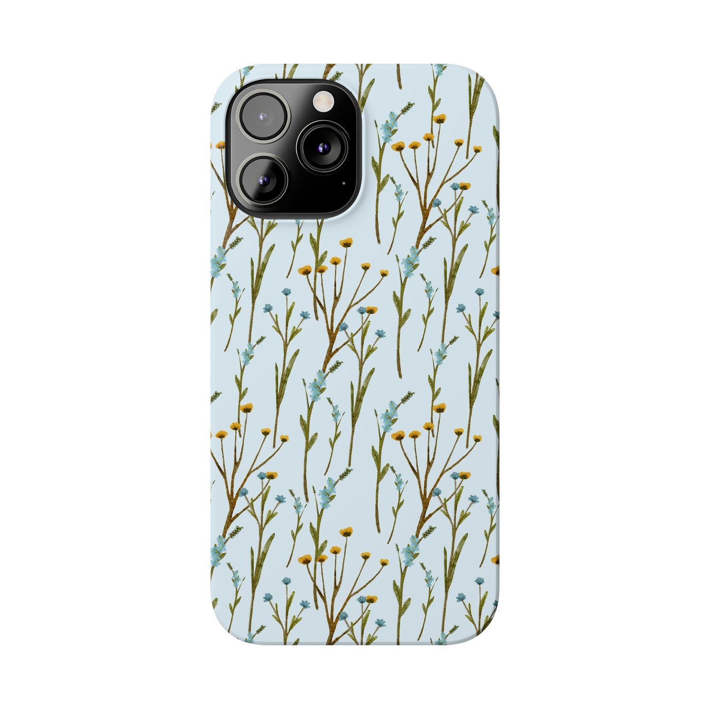 Delicate Blue and Yellow Wildflowers on a Light Blue Background Design Iphone 15-12 Slim Phone Case