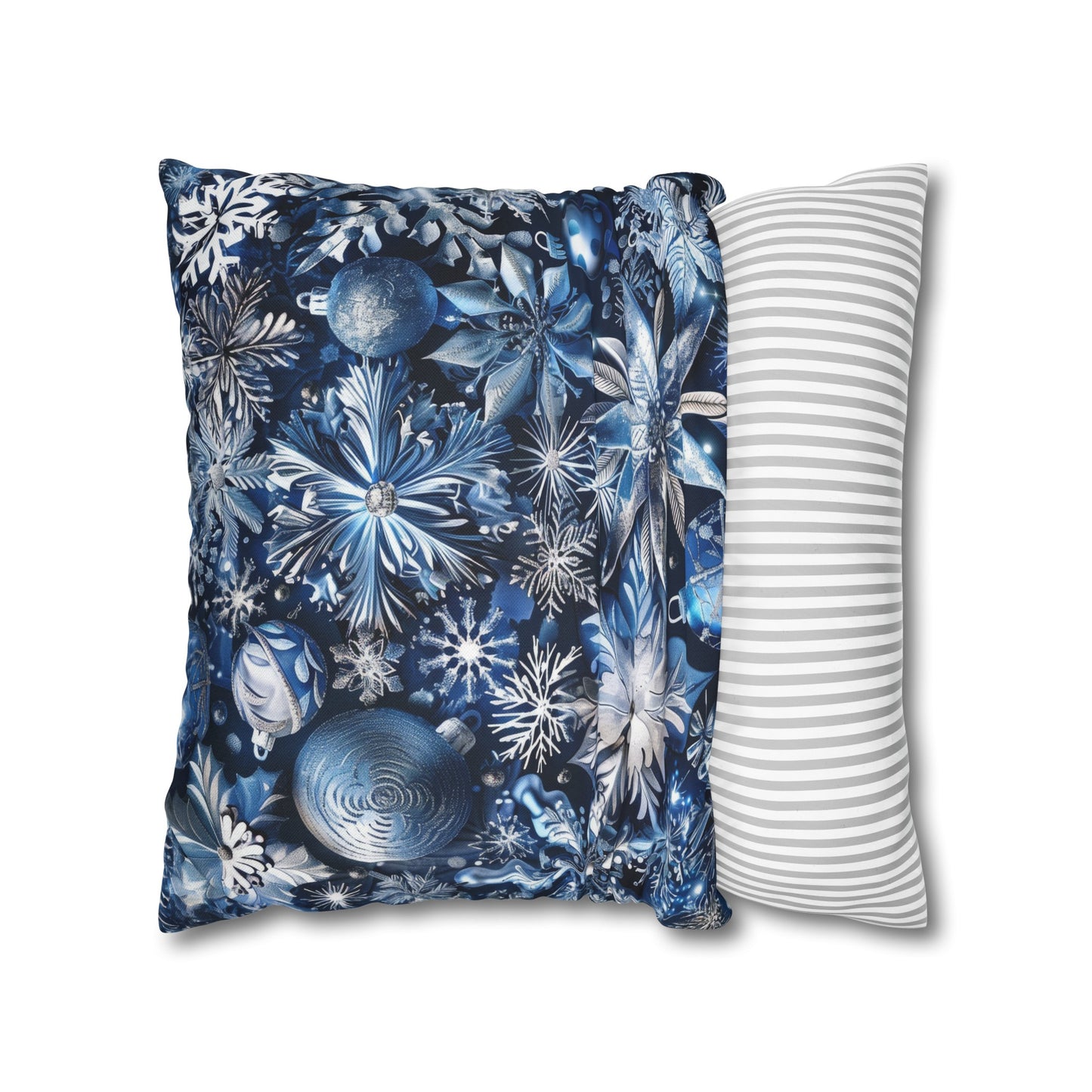 Winter Wonderland Festive Blue and Silver Snowflakes and Ornaments Spun Polyester Square Pillowcase 4 Sizes