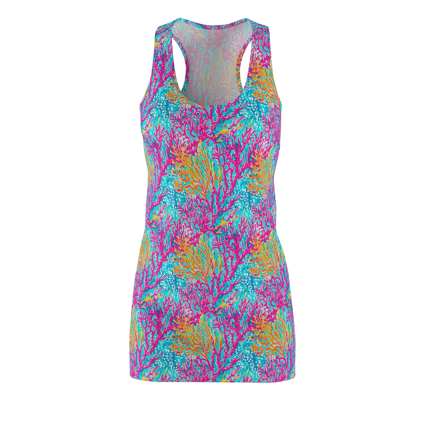 Coral Symphony: Bright Pink, Yellow, and Coral Dancing in the Blue Ocean Women's Racerback Dress XS - 2XL