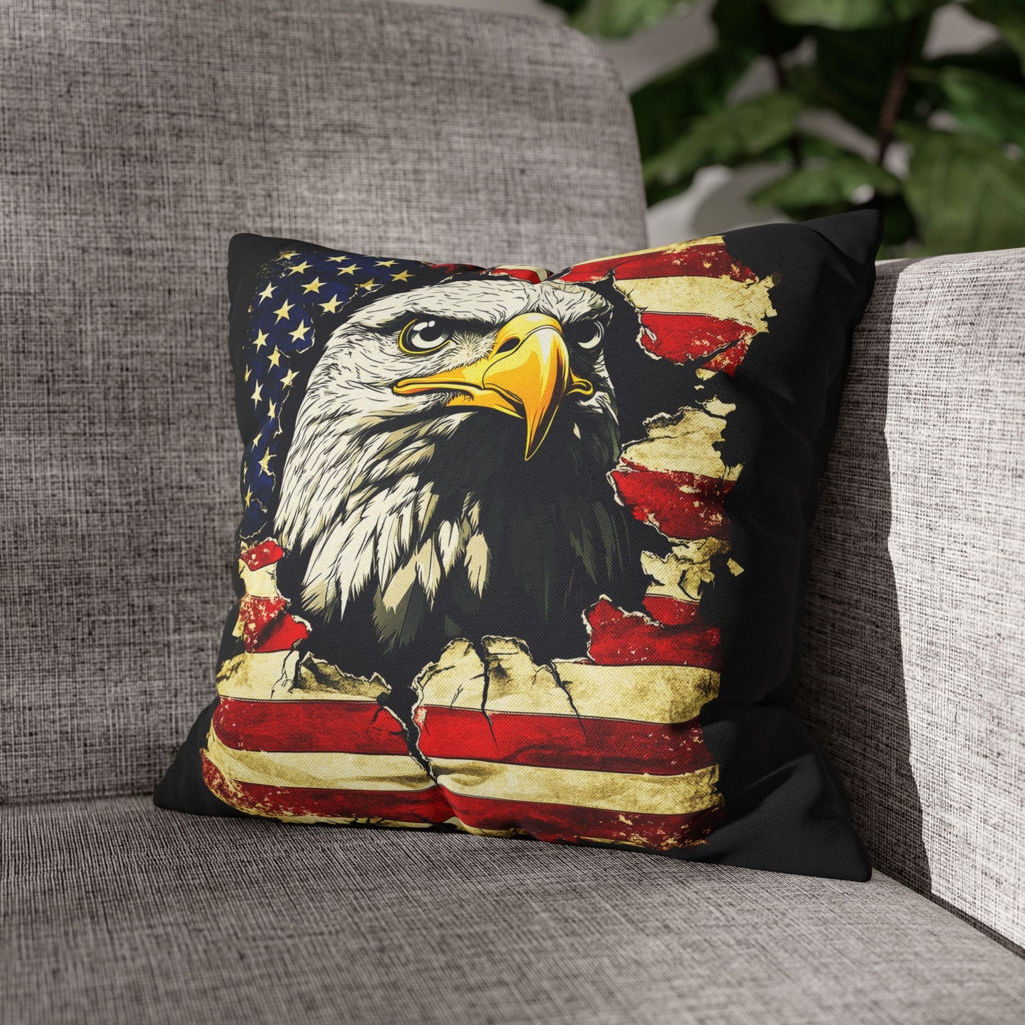 Bold Patriotism American Bald Eagle and Tattered American Flag Spun Polyester Square Pillowcase 4 Sizes