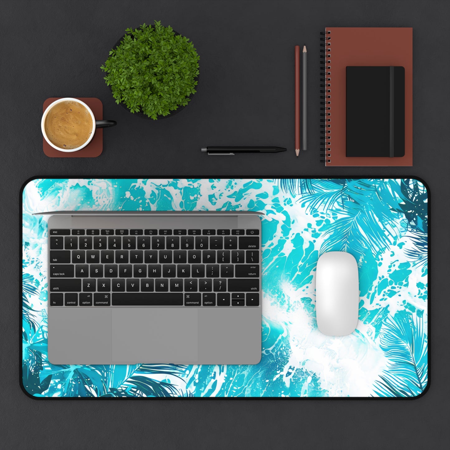 Tropical Serenity Lush Palm Leaves Interwoven with Foaming Sea Waves Rich Teal Tones Extended Gaming Mouse Pad  Desk Mat  - 3 Sizes