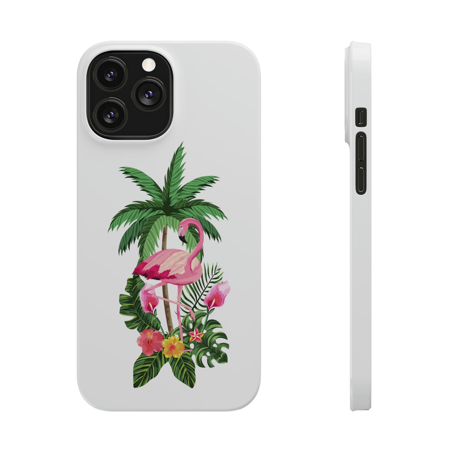 Tropical Pink Flamingo and Flowers White Background Iphone 15-12 Slim Phone Case