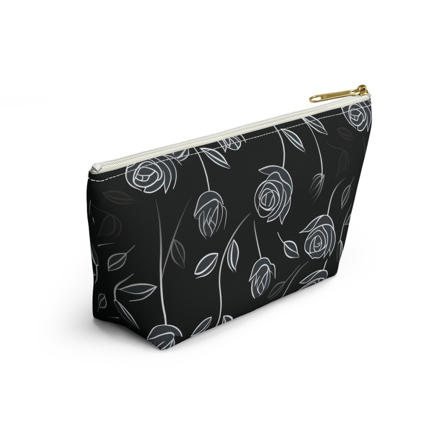 Contrasting Elegance: White Outlined Roses on a Black Background  - Makeup & Accessory Bag 2 Sizes