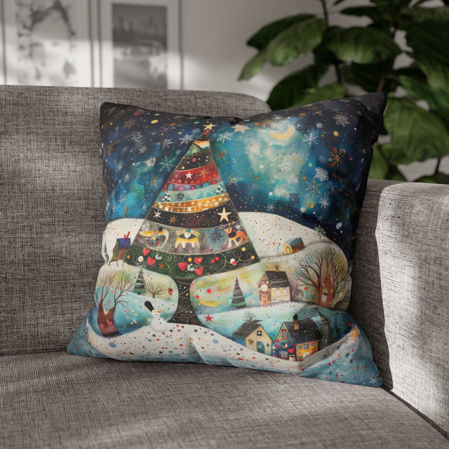 Twilight Treasures: Folk Art Christmas Tree Adorning a Town at Night Spun Polyester Square Pillowcase 4 Sizes