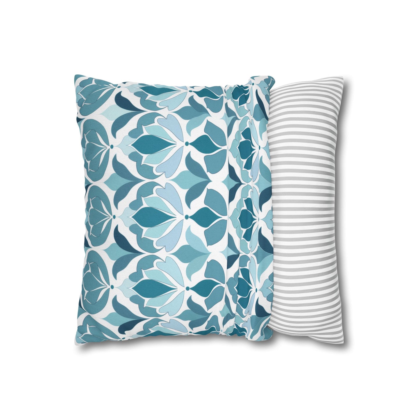 Serene Floral Pattern in Shades of Aqua and Teal, Forming Graceful Botanical Motifs Spun Polyester Square Pillowcase 4 Sizes