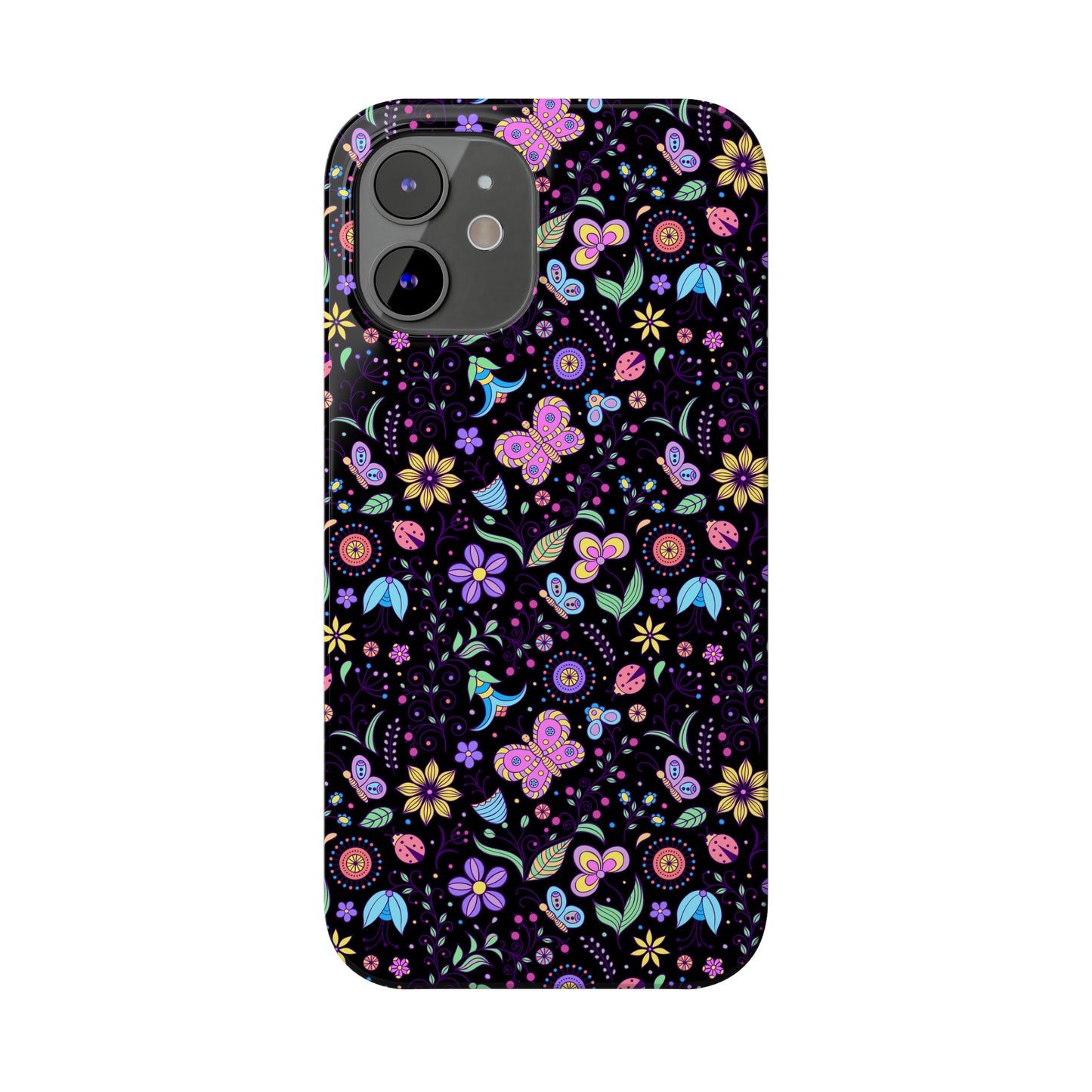 Butterflies and Flowers Black Background Iphone 15-12 Slim Phone Case