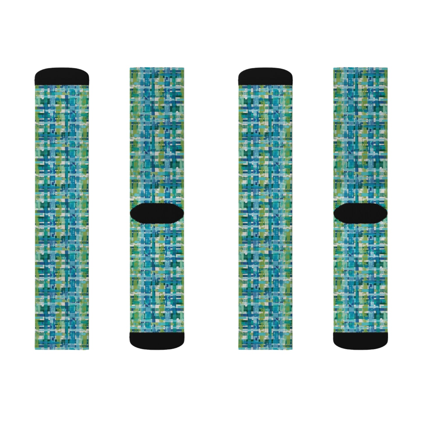 Enchanted Lagoon: Vibrant Green and Blue Abstract Plaid Ribbed Crew Socks