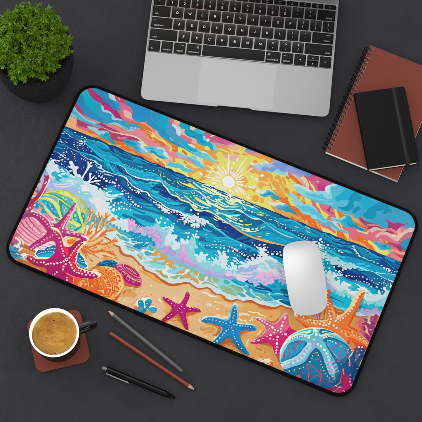 Vibrant Seaside Morning Layers of Energetic Waves, a Radiant Sun, and Colorful Seashells Extended Gaming Mouse Pad  Desk Mat  - 3 Sizes