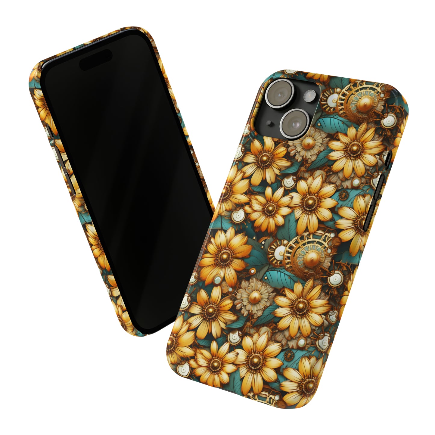 Victorian Steampunk Gold Flowers Teal Background with Gears and Mechanical Elements Iphone 15-12 Slim Phone Case