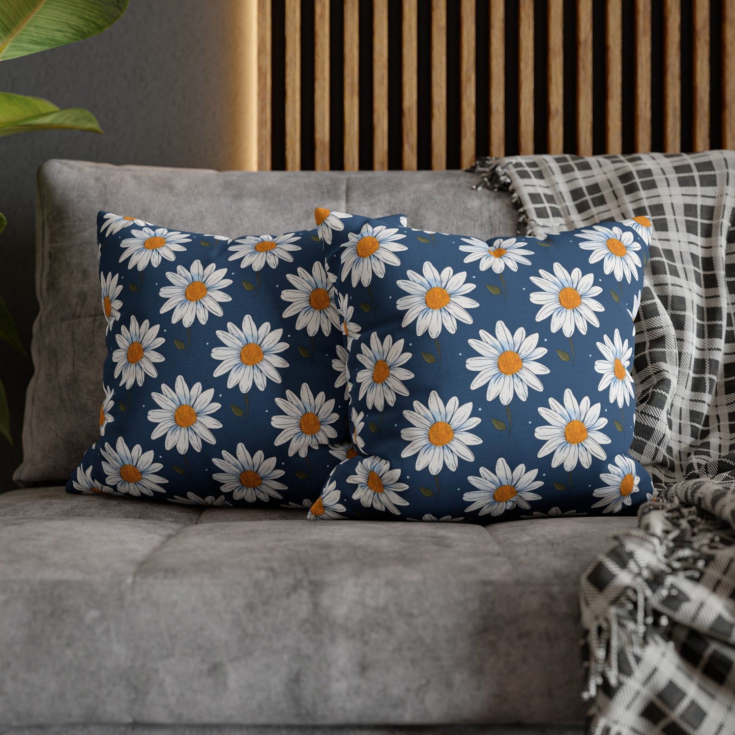 Elegant White Daisies on Navy Blue Background Spun Polyester Square Pillowcase 4 Sizes