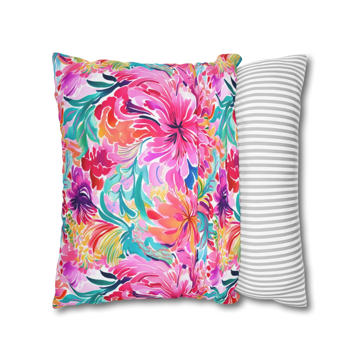 Rainbow Tropics: Watercolor Flowers in Vibrant Pink, Green and Orange Hues Spun Polyester Square Pillowcase 4 Sizes