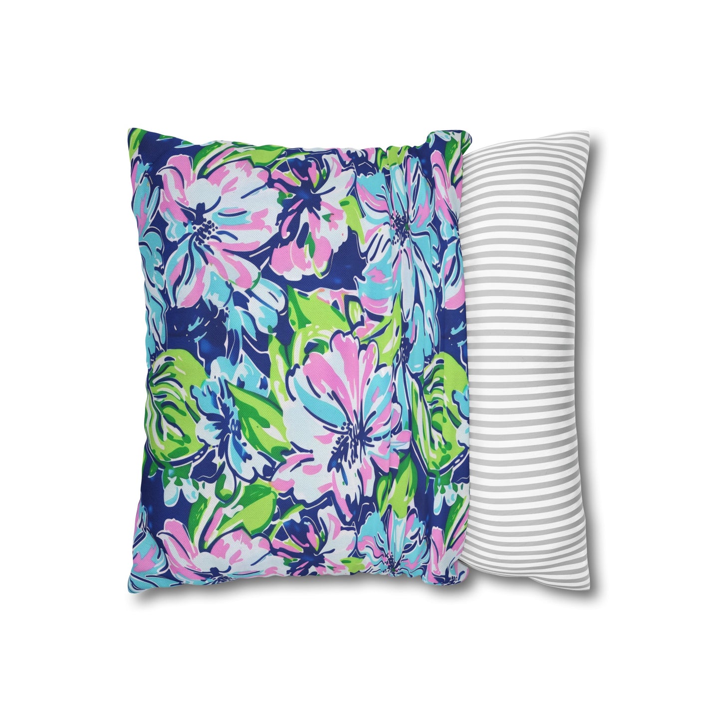 Seaside Coastal Pink, Navy, and Green Tropical Blooms Spun Polyester Square Pillowcase 4 Sizes