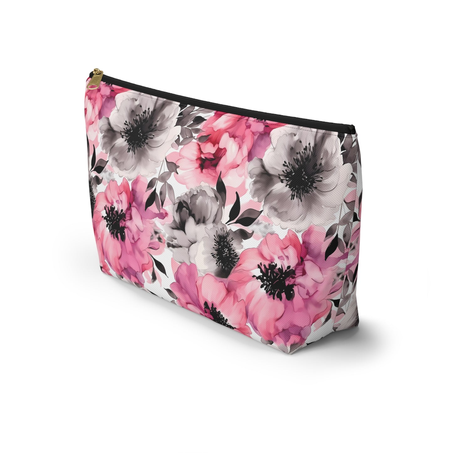 Graceful Elegance: Large Pink and Grey Watercolor Flower Design - Makeup & Accessory Bag 2 Sizes