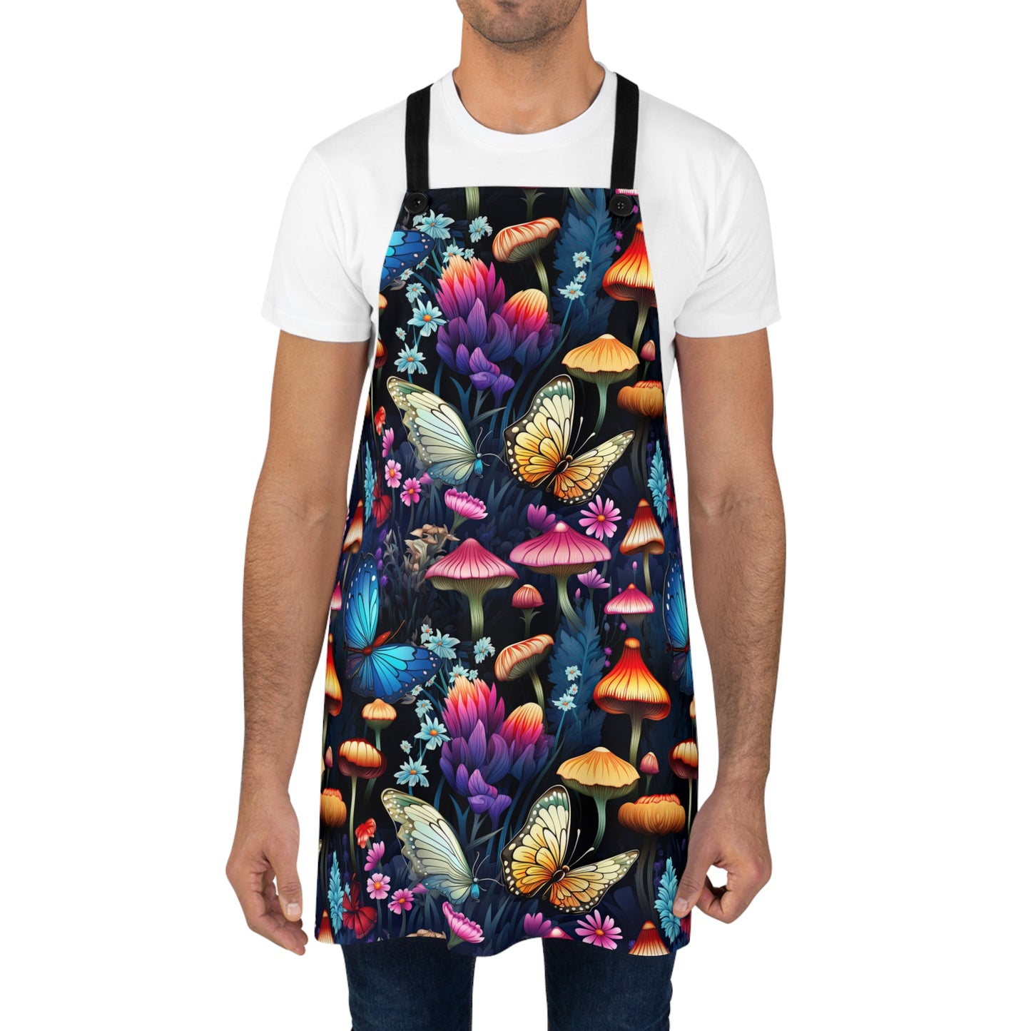 Neon Nocturne: Illuminated Butterfly and Mushroom Silhouettes Against the Night Sky - Kitchen Chef Apron