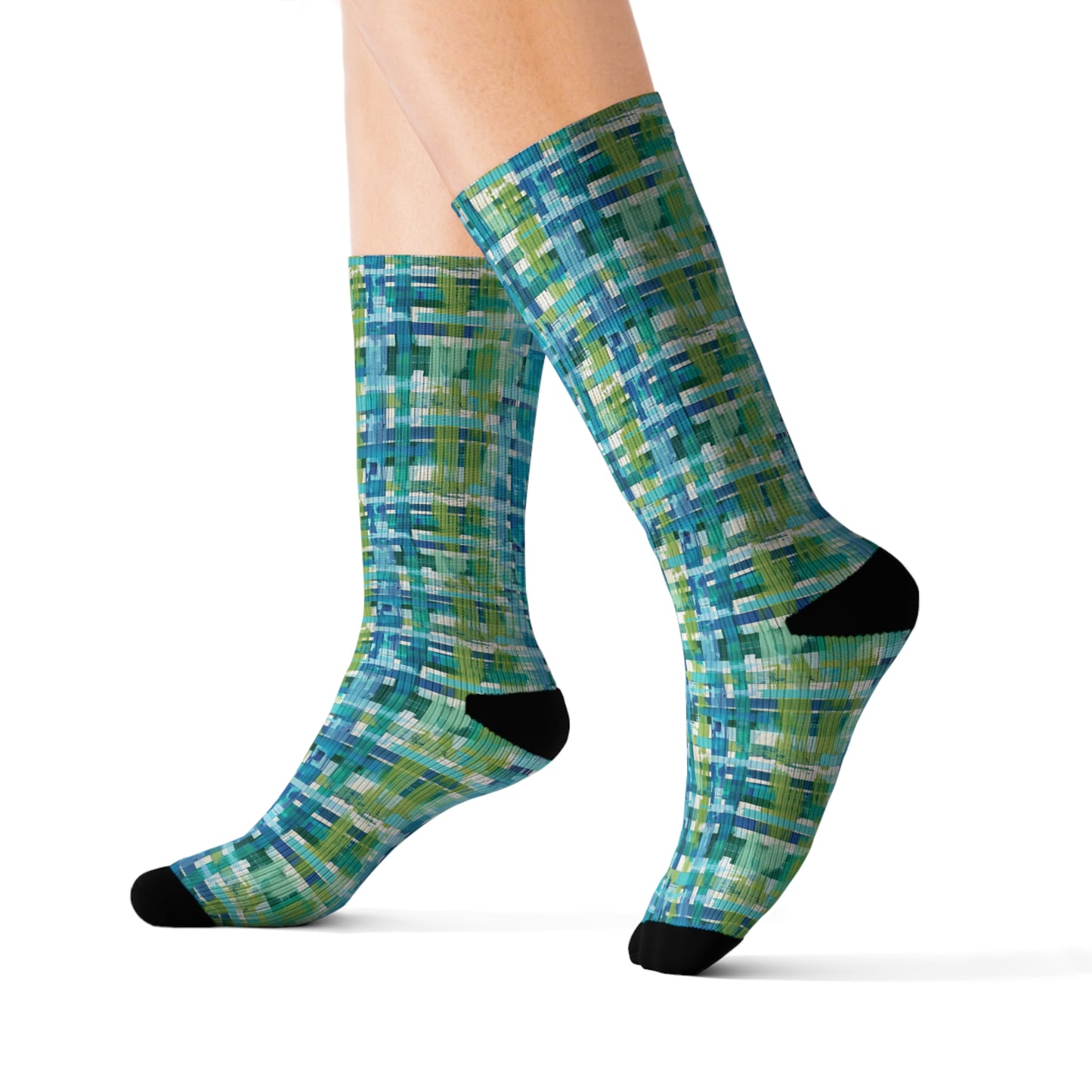 Enchanted Lagoon: Vibrant Green and Blue Abstract Plaid Ribbed Crew Socks