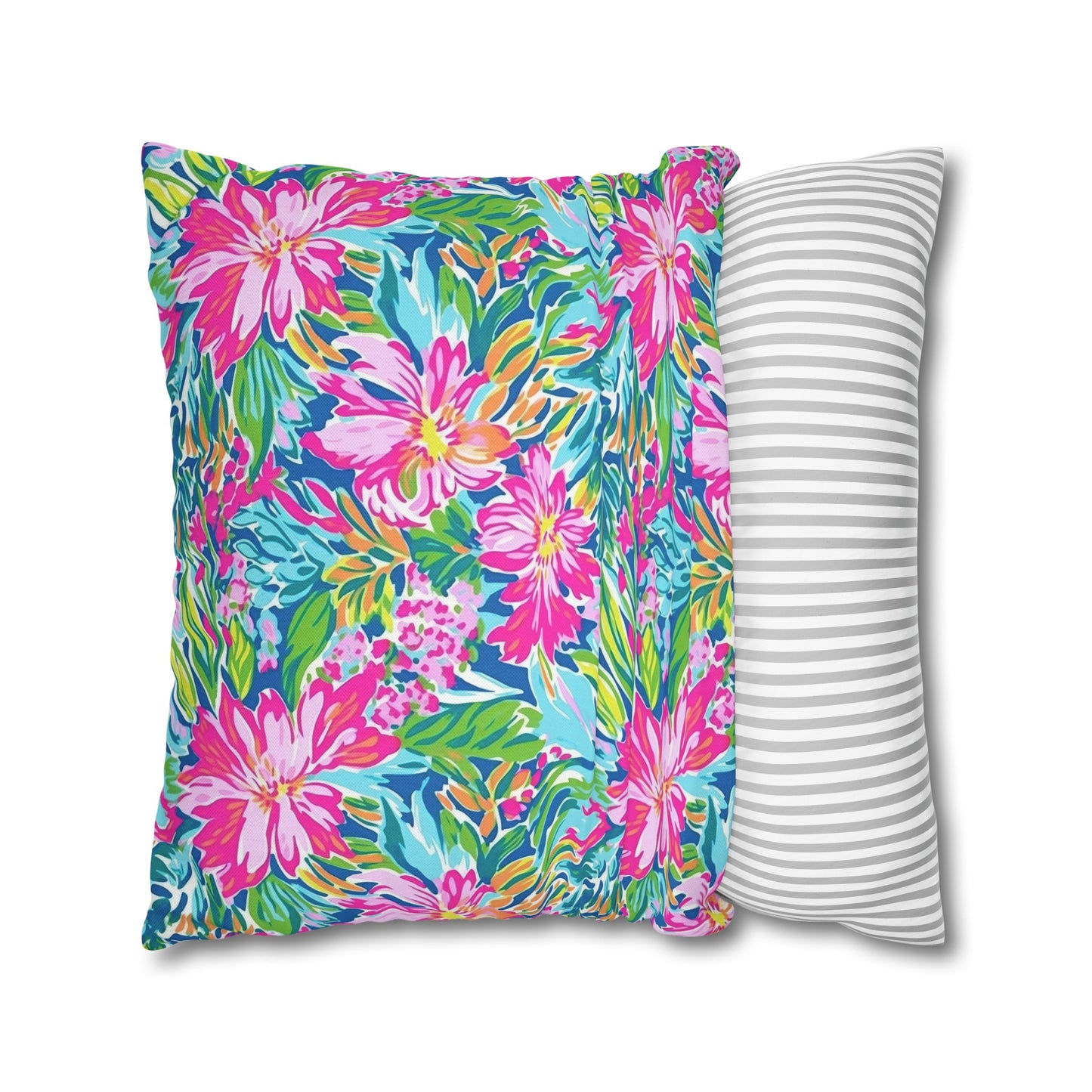 Sunlit Symphony: Large Blooms of Pink, Blue, and Green in Watercolor Spun Polyester Square Pillowcase 4 Sizes