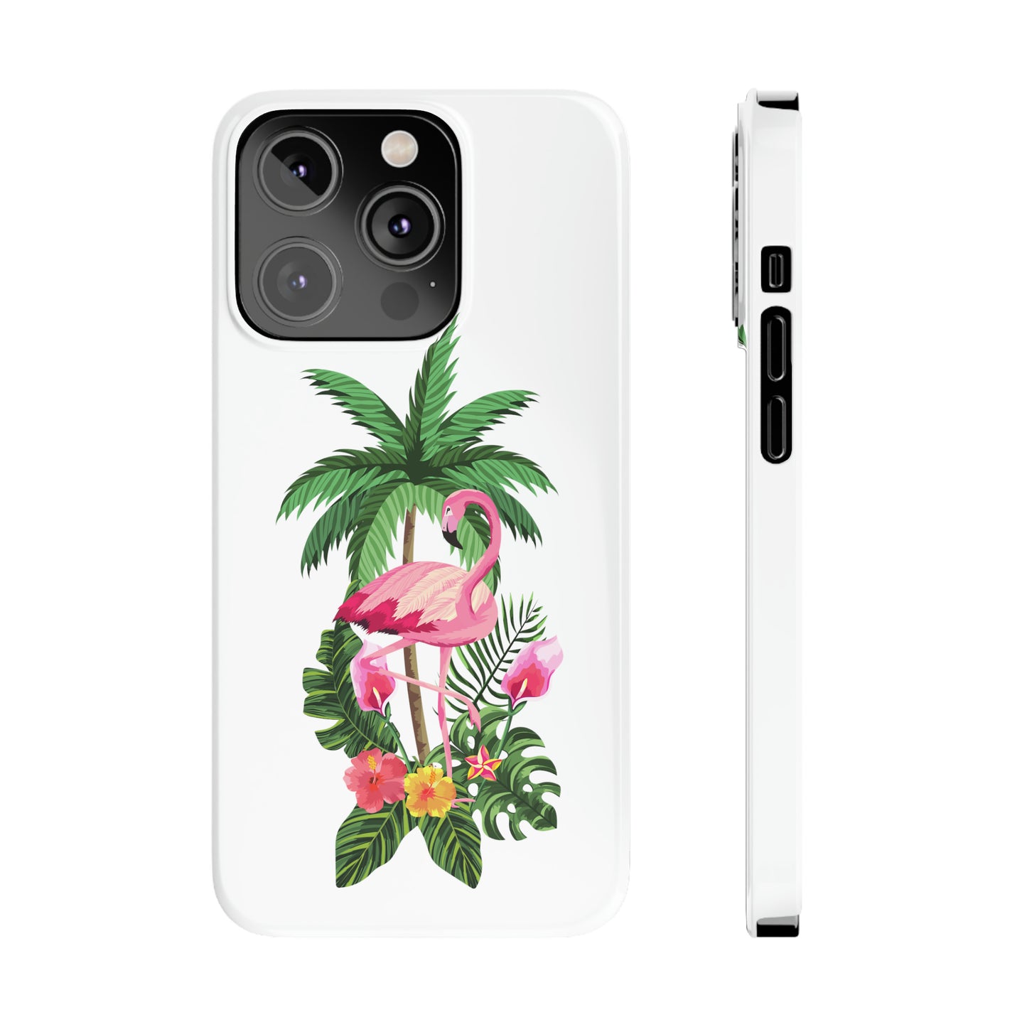 Tropical Pink Flamingo and Flowers White Background Iphone 15-12 Slim Phone Case