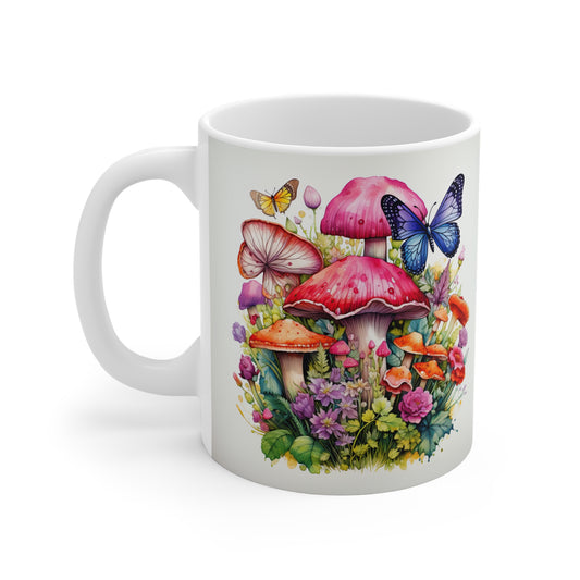 Magical Mushroom Oasis Where Flowers Bloom Amongst Butterflies  - 11 oz Coffee