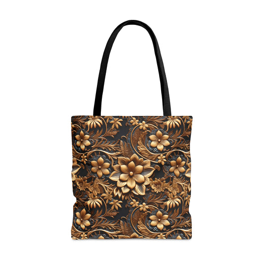 Tooled Gold Leather Flowers with Blue Accent Print Design - Canvas Tote 3 Sizes