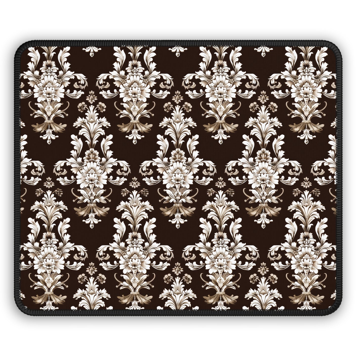 Elegant Rococo Pattern of Intricate Brown and White Floral Scroll Design Gaming Mouse Pad with Finished Edges