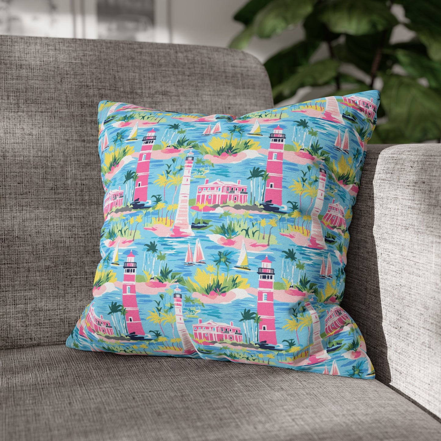 Coastal Charms: Sailboats and Lighthouses Adorning the Coastline Spun Polyester Square Pillowcase 4 Sizes